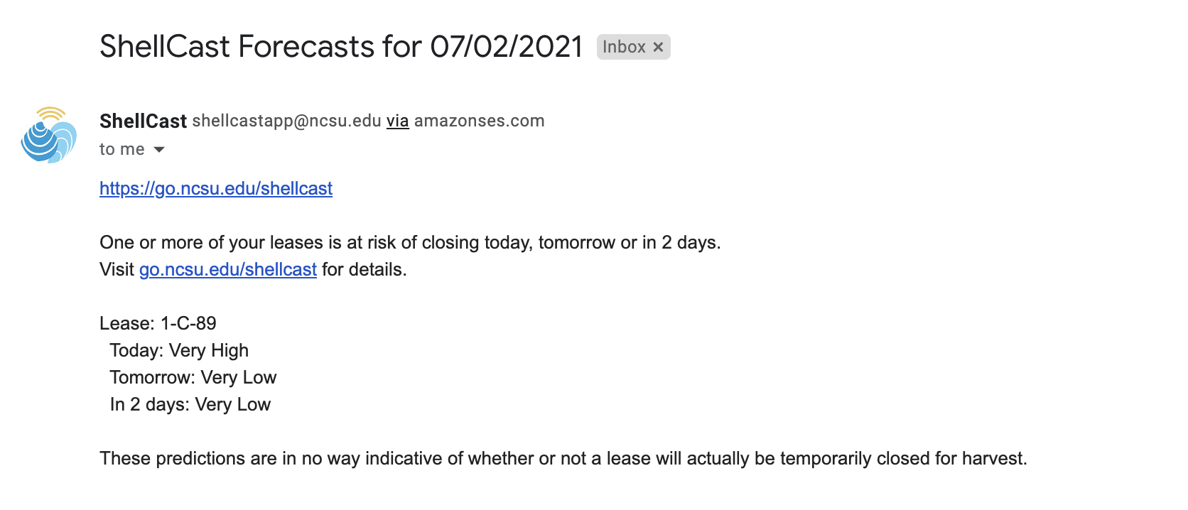 Screenshot of email notification showing forecasted risk of closure details
      for each lease and a link to return to the ShellCast web application to see more information.